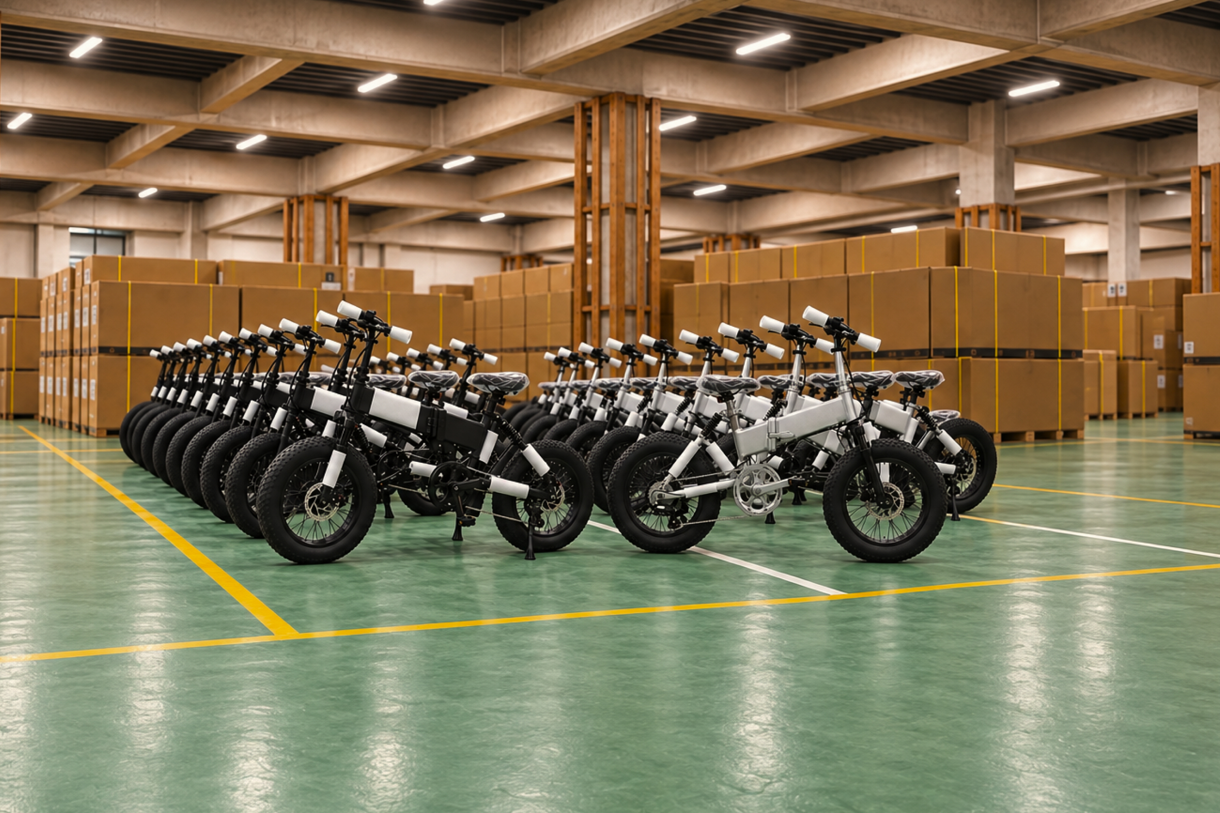 倉庫内に並ぶ電動自転車